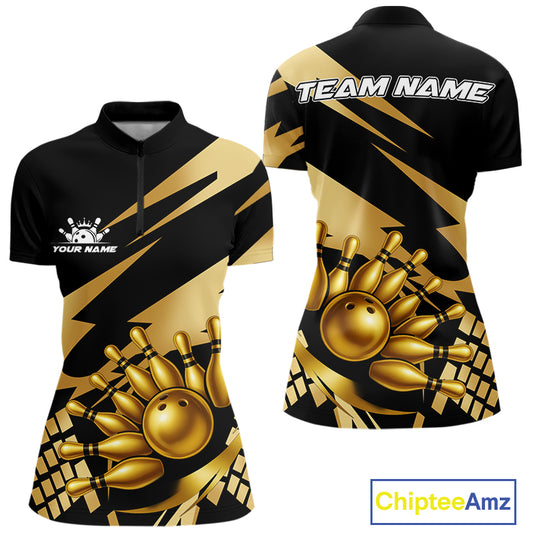 Black and Gold Bowling Polo, Quarter Zip Shirt For Women Custom Team bowling jersey, gift for bowlers NQS11069