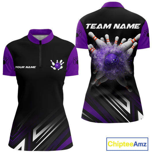 Personalized Bowling shirts for women custom Black and Purple Bowling team jerseys, gift for bowlers NQS11080