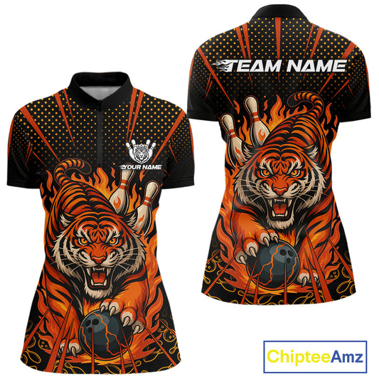 Personalized Tiger Bowling Shirts For Women, Black and Orange Flame Team Tiger Bowling Jerseys NQS11110