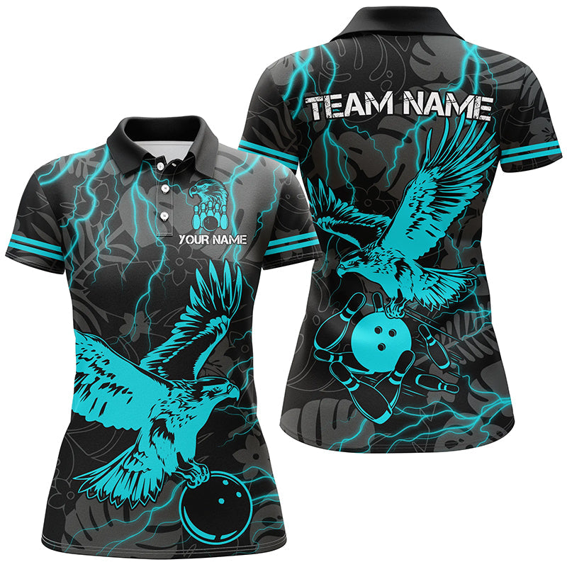 Black tropical Cyan Blue Eagle Bowling Polo, 1/4 Zip Shirts For Women, cool bowling team jerseys NQS8360
