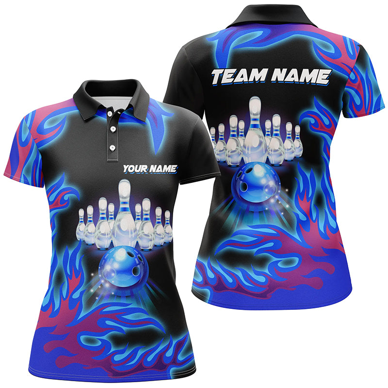 Personalized Blue Flame Bowling Team Jerseys, Womens bowling polo shirts Bowling League, bowling gifts NQS7371