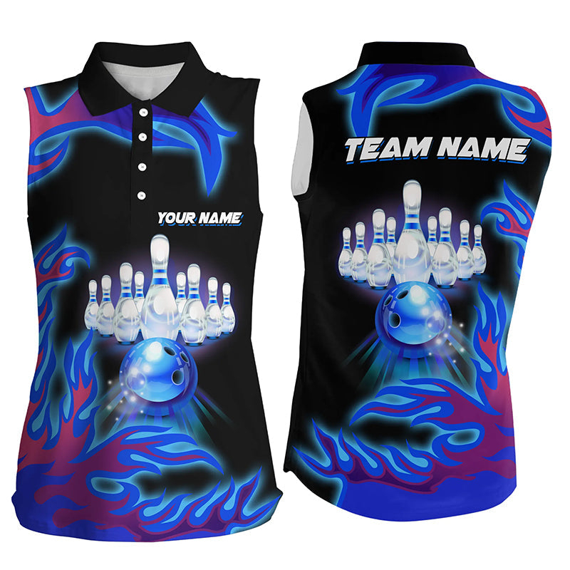 Personalized Blue Flame Bowling Team Jerseys, Women bowling sleeveless polos shirts Bowling League NQS7371