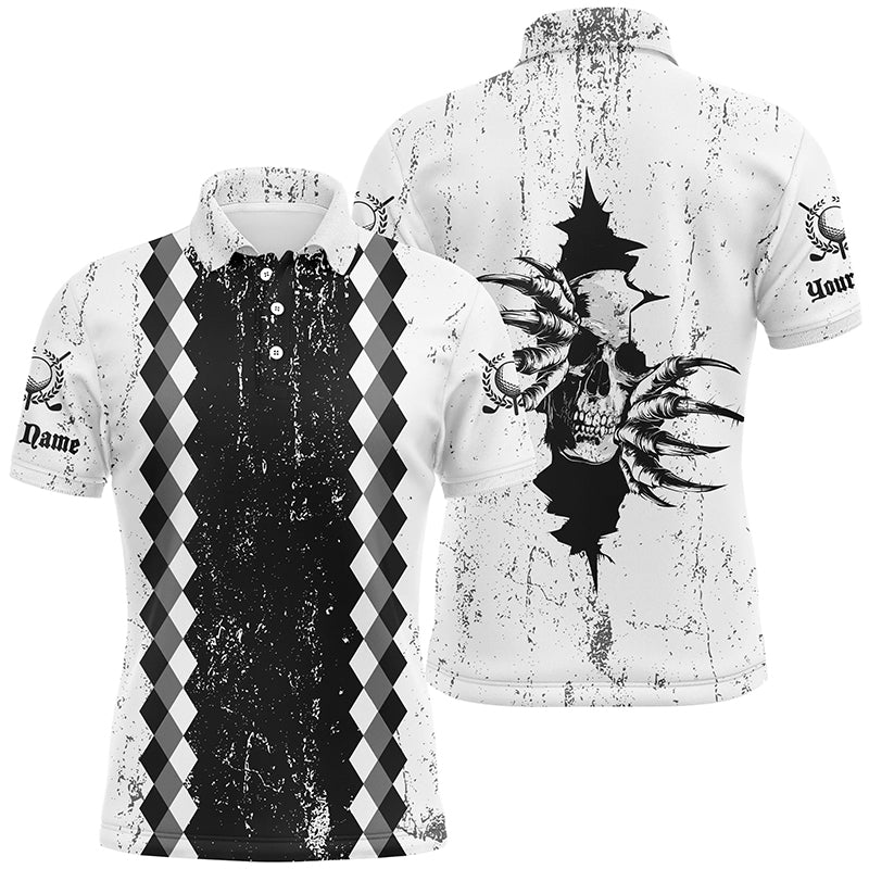 Mens golf polo shirts custom black and white grunge argyle pattern skull golf outfits for men NQS7698