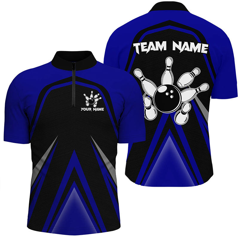 Black and Blue Retro Bowling Polo, Quarter Zip Shirts For Men Custom Team Bowling Jerseys, bowl gifts NQS8367