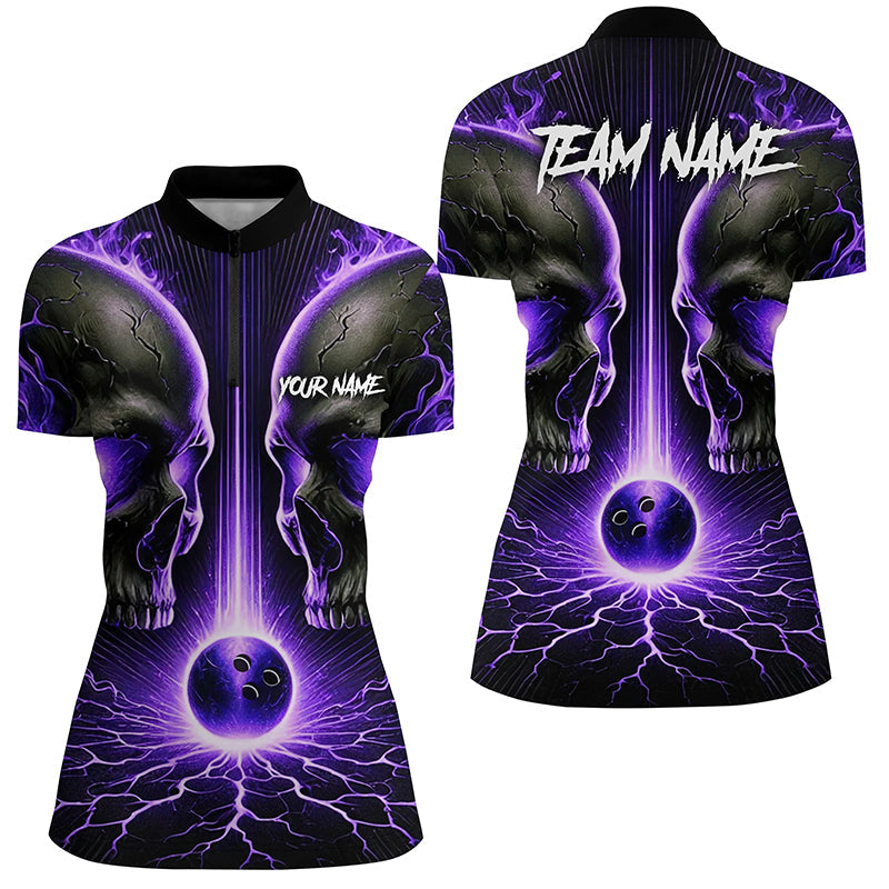 Purple Flame Custom Skull Bowling Shirts For Women, Skull Bowling Team Shirts NQS8373