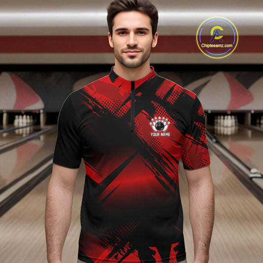 Black and Red Camo Bowling Polo, 1/4 zip Shirts For Men Custom Bowling Team League Jerseys NQS11175