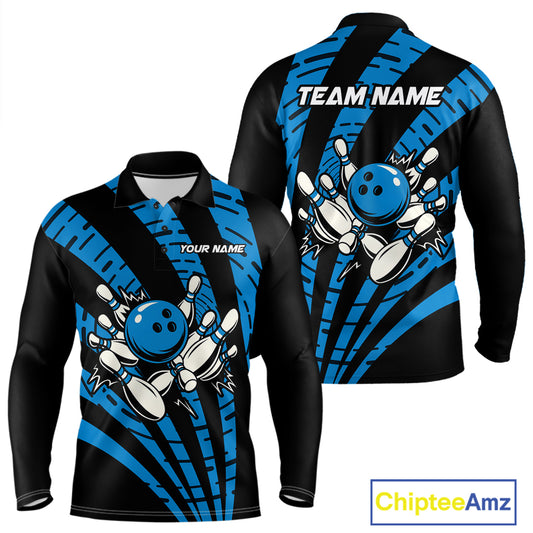 Custom Black and Blue camo Bowling Polo, Quarter Zip Shirt For Mens Custom Team bowling jerseys NQS10608
