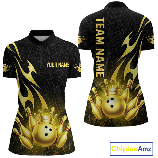 Black and Gold Flame Bowling Shirts For Women Custom Bowling Team League Jersey, Gift For Bowler NQS10439