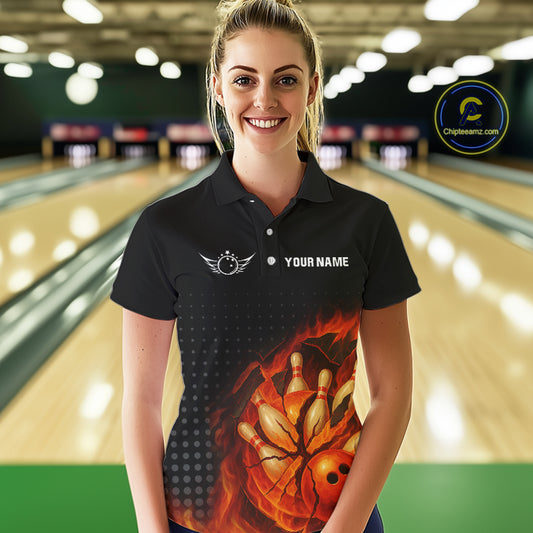 Flame Broken Bowling Ball and pins Bowling Shirt For Women Custom Flame Team Bowling Jerseys NQS10102