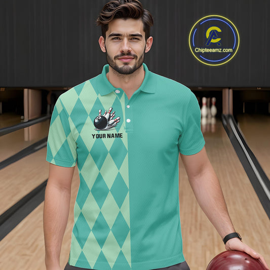 Turquoise argyle pattern Bowling Polo, Quarter Zip Shirt For Men Custom Team Bowling Jerseys NQS10107