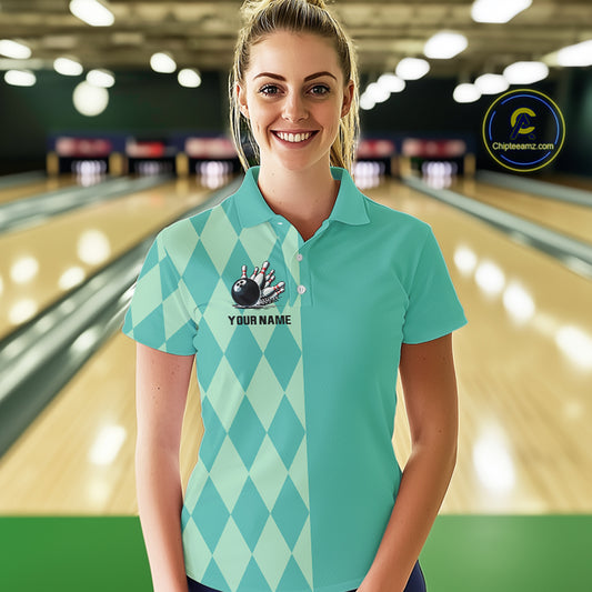 Turquoise argyle pattern Bowling Polo, Quarter Zip Shirt For Women Custom Team Bowling Jerseys NQS10107