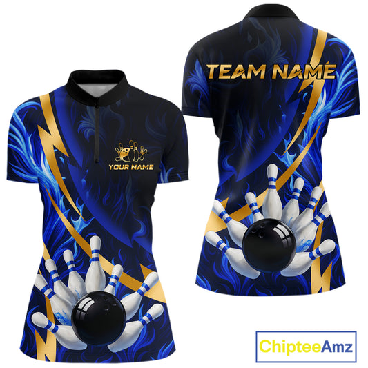 Personalized Bowling Polo, Quarter Zip Shirt for Women Custom Blue Flame and Gold Bowling Team Jersey NQS10446