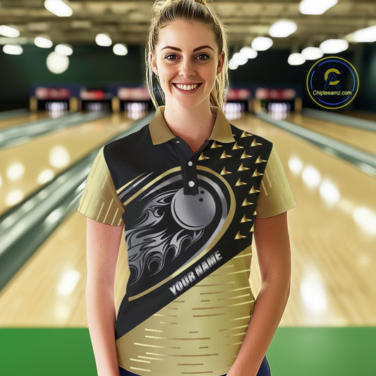 Black and Gold Flame Bowling ball Polo, Quarter Zip Shirts for Women Custom Bowling Team jerseys NQS10029