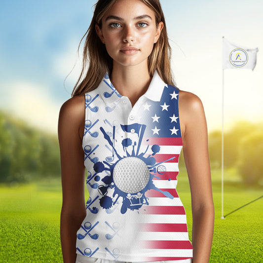 Red, White & Blue American Flag Women Sleeveless Golf polo shirts, patriotic Ladies Golf Outfit NQS10035