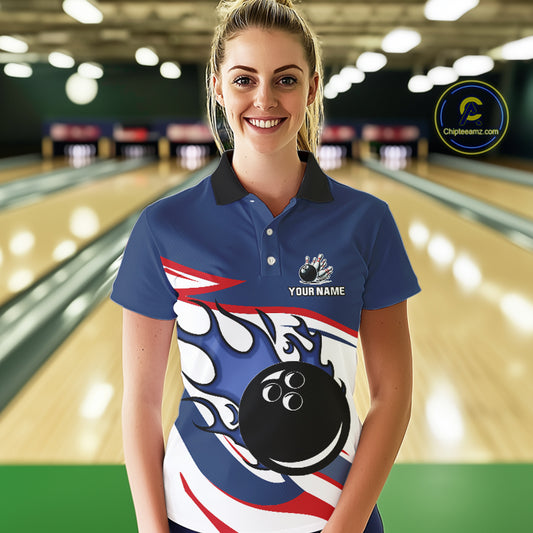 Red, White and Blue Flame bowling ball polo, 1/4 zip shirts for Women Custom patriotic Bowling Outfit NQS10045