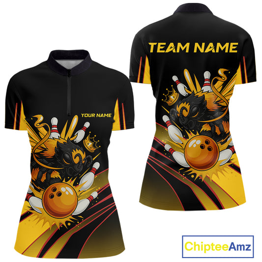Black and Yellow Bee Bowling Polo, Quarter Zip Shirts For Women Custom Bee Bowling Team Jersey Outfit NQS10362