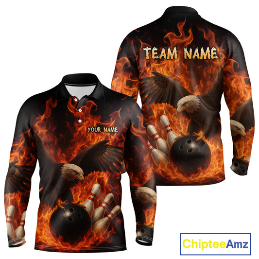 Flame Eagle Bowling Polo, Quarter Zip Shirts For Men Custom Eagle Bowling Team Jerseys NQS9972
