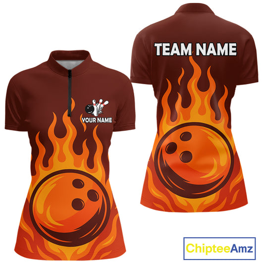 Orange Flame Bowling Polo, Quarter Zip Shirts for Women Custom Bowling Team League Jersey NQS10445