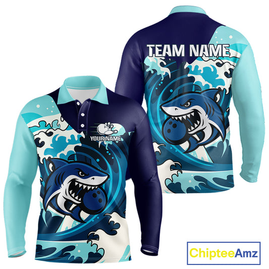 Custom Blue Shark Bowling Polo, Quarter Zip Shirts For Men, Personalized Shark Bowling Team Shirt NQS10469