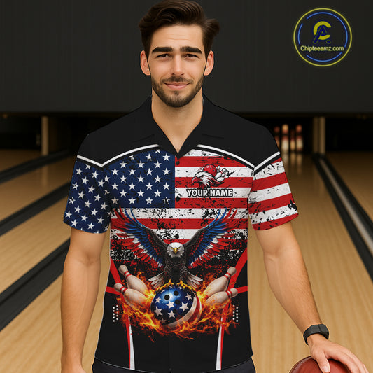 American Flag Eagle Flame Bowling Hawaiian Shirt Custom patriotic Team Bowling Button-up Shirt NQS11735