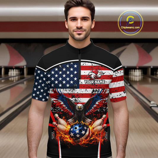 American Flag Eagle Flame Bowling Shirts For Men Custom patriotic Bowling Team Jerseys NQS11735