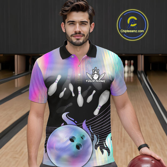 Bowling Polo Shirts For Men, 1/4 zip shirts Custom hologram Bowling Team Shirts Bowler Outfit NQS11385