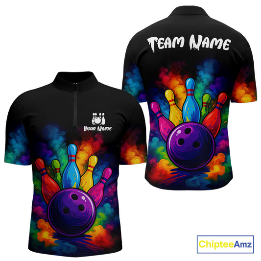 Custom Colorful Smoke Bowling Polo, Quarter Zip Shirt for Men, Bowling Uniform Team Bowling Jerseys NQS10647