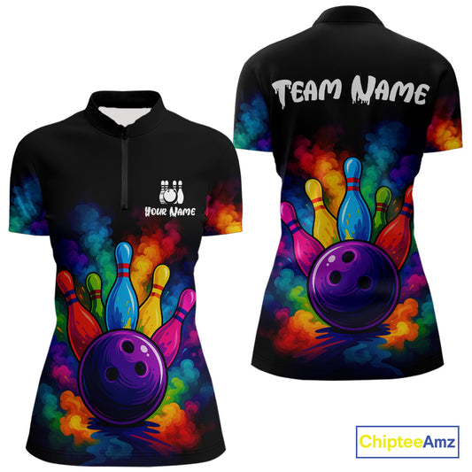 Custom Colorful Smoke Bowling Polo, Quarter Zip Shirt for Women, Bowling Uniform Team Bowling Jerseys NQS10647