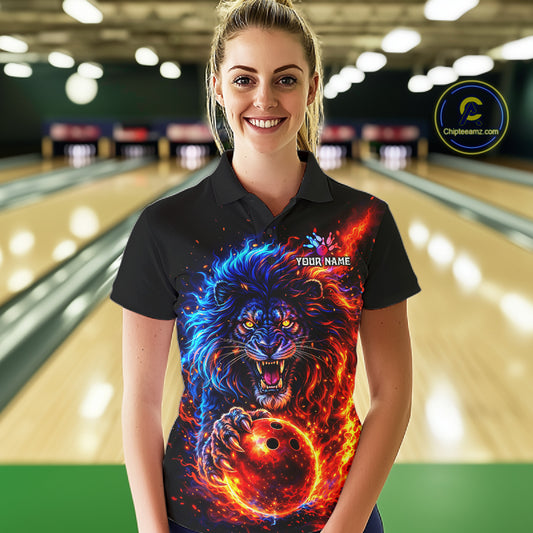 Red and Blue Flame Lion Bowling Shirts For Women Custom Fire Lion Team Bowling jersey NQS11347