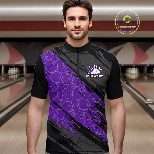 Black and Purple Bowling Camo Polo, 1/4 Zip Shirts for Men Custom Bowling Team League Jerseys NQS11700