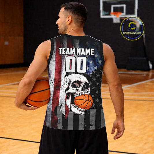 Personalized Skull Basketball Shirts Custom Team's Name American Flag Cool basketball player Jersey NQS11391