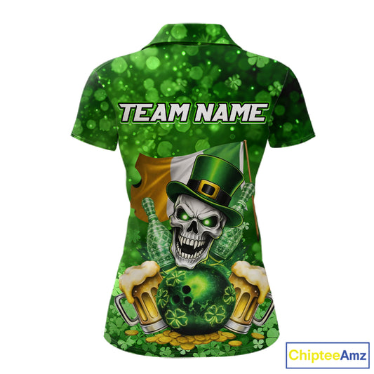 Custom Funny Skull Bowling and Beer Ireland Flag Green St Patrick Team Bowling Jerseys For Women NQS11484