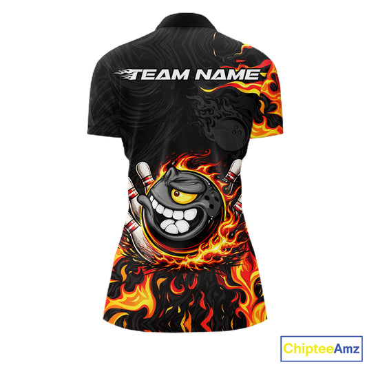 Funny Angry Bowling Polo, 1/4 Zip Shirt for Women Custom Black and Orange Flame Bowling Team jerseys NQS11683