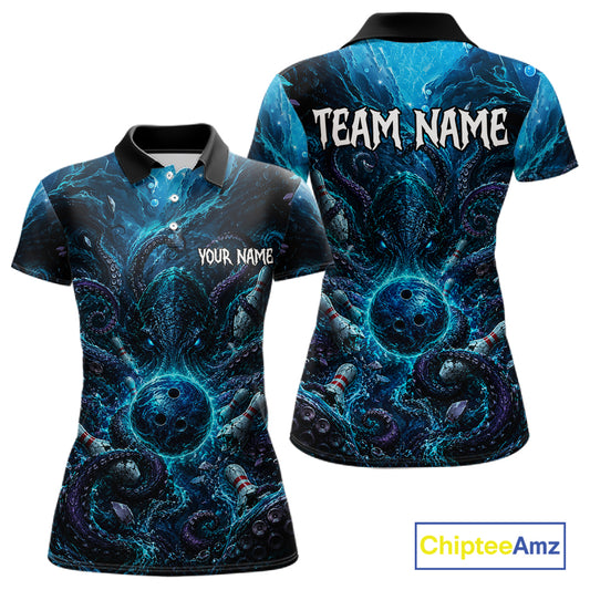 Custom Blue Kraken Bowling Jersey for Women | Personalized Team Polo & 1/4 Zip