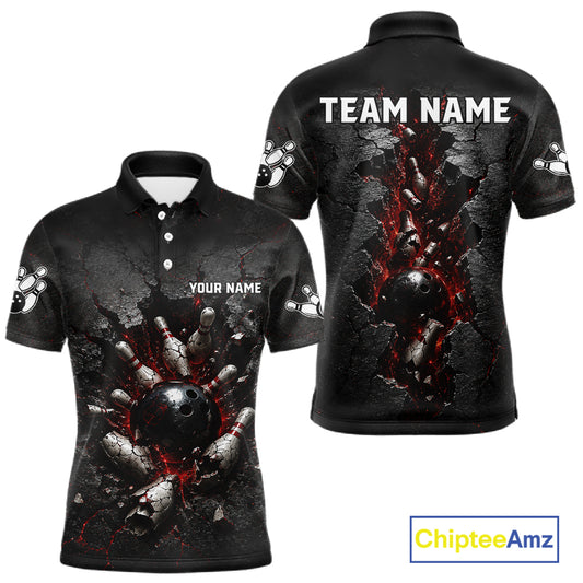 Black polo shirt with bowling design on front and back, customizable text, Chiptee Amz brand visible.