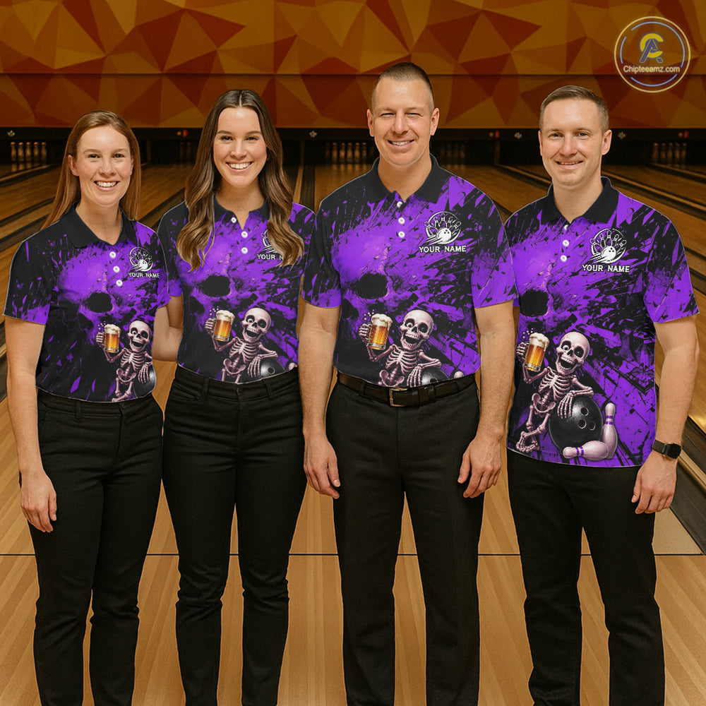 Custom Skeleton Beer Bowling Jersey, Purple Splatter Skull Polo & Quarter-Zip Shirt Gift For Men NHT1168