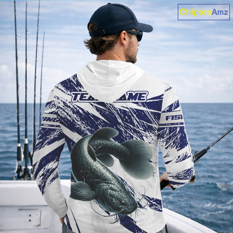 Catfish Custom Fishing Shirts Hooded Long Sleeve For Men , Catfish Fishing Tournament Apparel NHT521