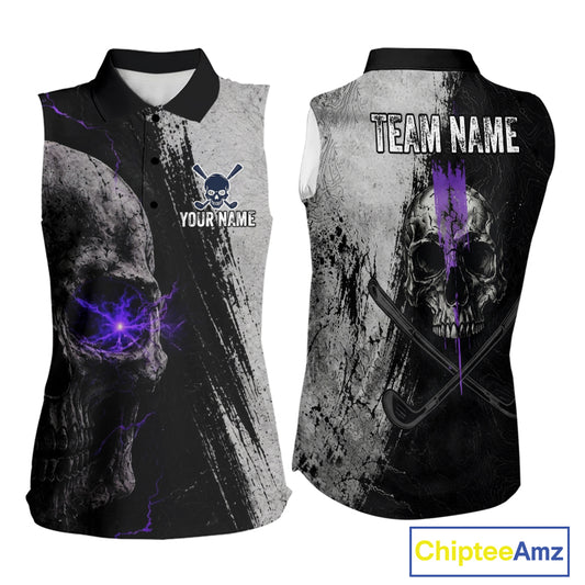 Personalized Skull Womens Sleeveless Golf Polo Shirt Purple Lightning Custom Team Name Golf Shirt