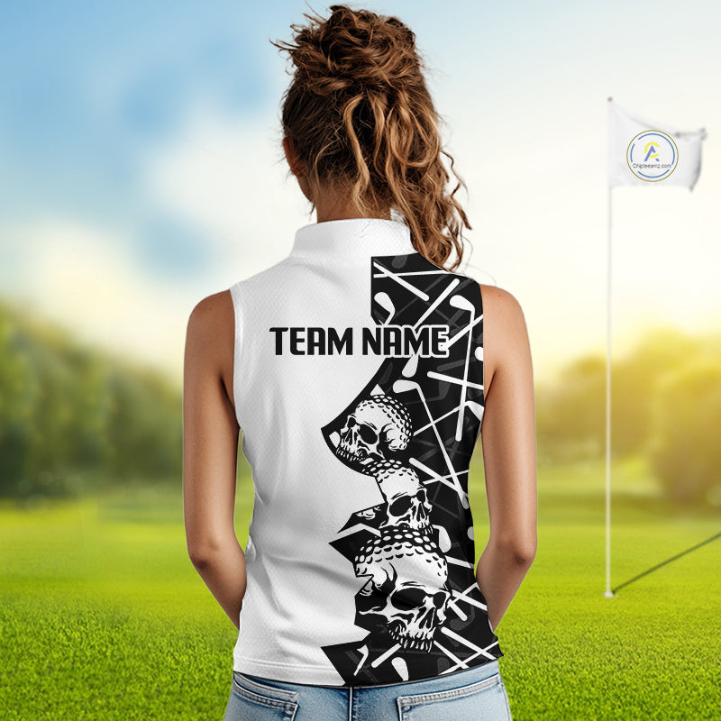 Custom Skull Womens Sleeveless Golf Polo Shirt Personalized Name, Golf Team Polo Jersey| Black