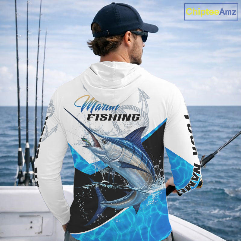 Custom Marlin Saltwater Fishing Shirt Long Sleeve Hooded Designed For Deep Sea Anglers
