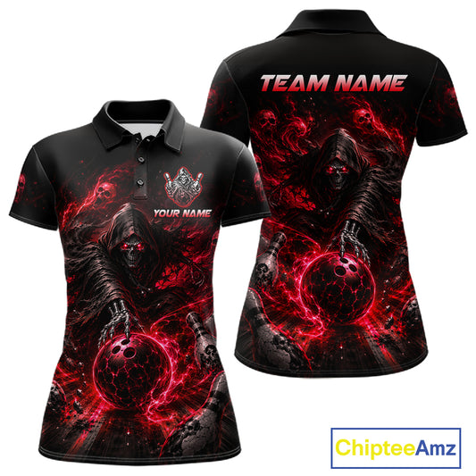 Custom Red Fire Grim Reaper Bowling Jersey for Women | Team Polo & 1/4 Zip