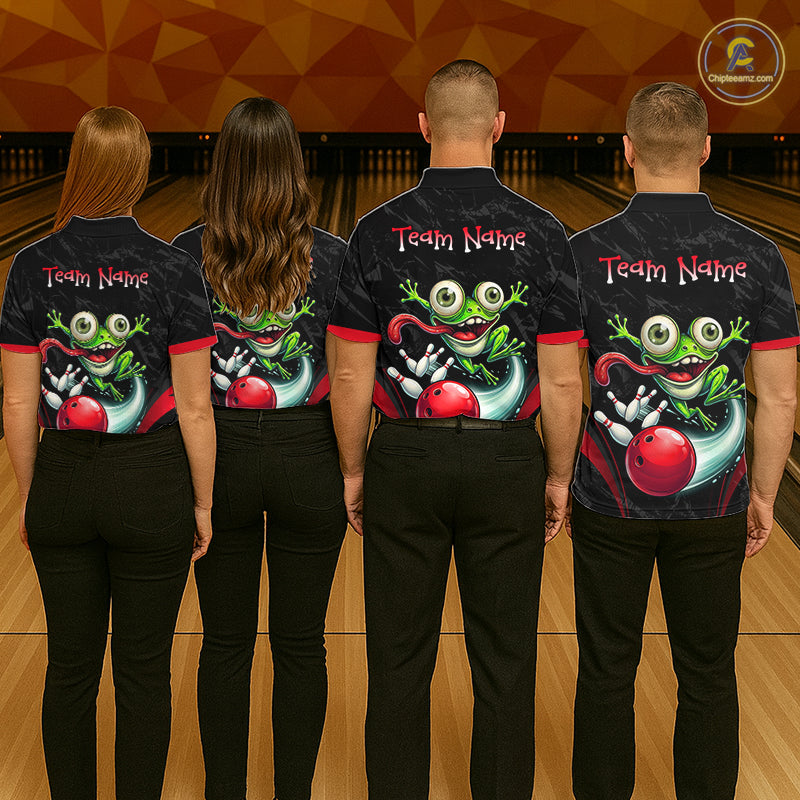 Funny Frog Bowling Polo Shirt 1/4 Zip Personalized Custom Name Red Bowling Ball Jersey For Women NHT1298
