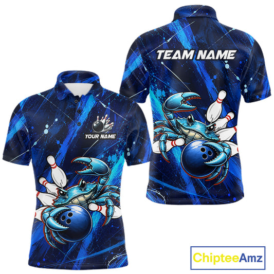 Blue polo shirt with crab and bowling design, customizable text, and Chiptee Amz branding.