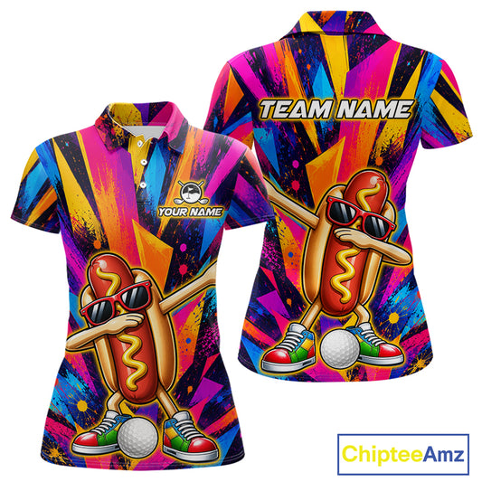 Funny Hot Dog Women Golf Polo Shirt Custom Name, Dab Hotdog Golf Team Polo, Personalized Golf Gift NHT1334