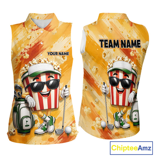Funny Popcorn Women Sleeveless Golf Polo Shirt Custom Name, Personalized Popcorn Golfer Team Polo NHT1340