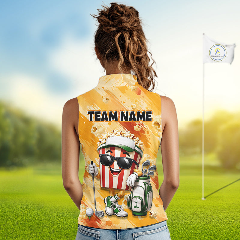 Funny Popcorn Women Sleeveless Golf Polo Shirt Custom Name, Personalized Popcorn Golfer Team Polo NHT1340