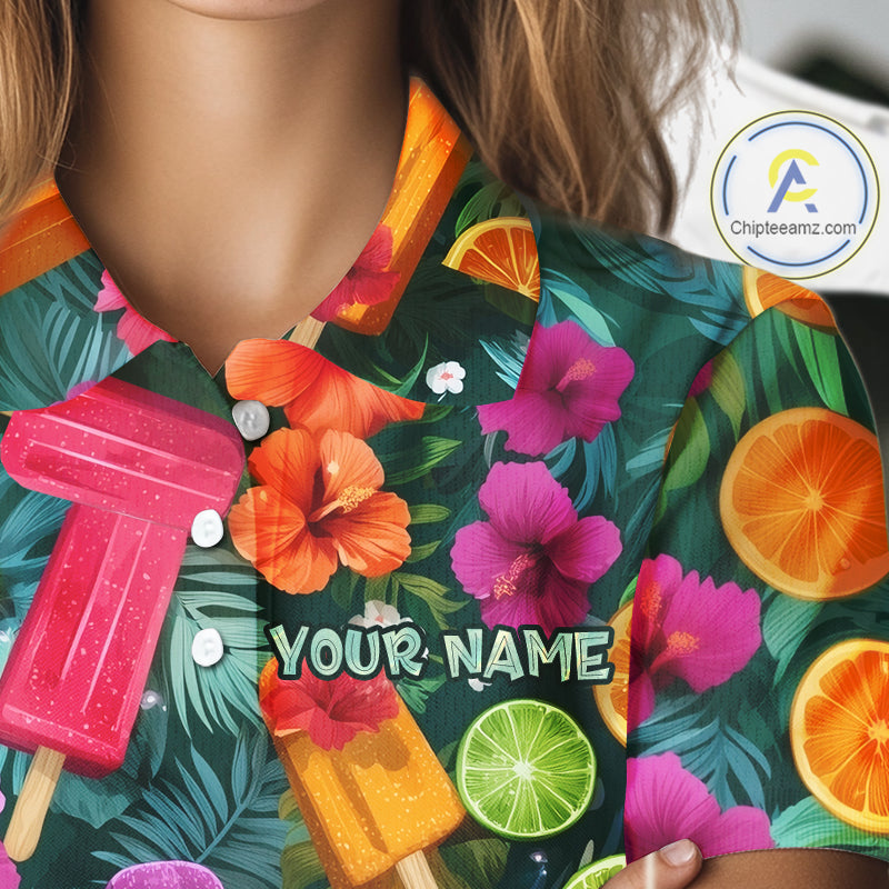 Womens Golf Polo Shirt Tropical Popsicle Paradise Pattern Tropical Leaves Custom Name, Womens Golf Shirt NHT539