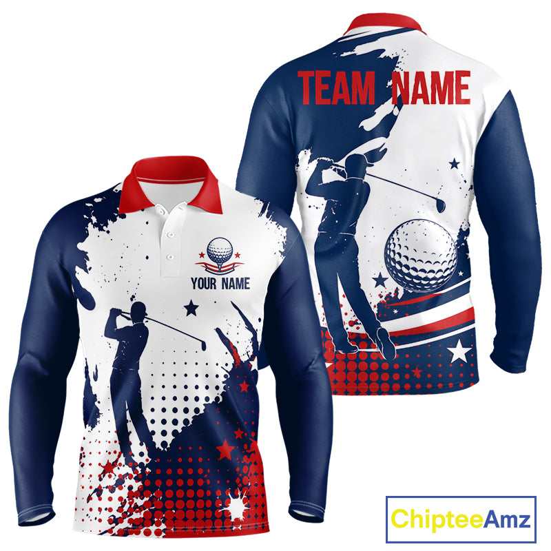 Front and back view of long sleeve Mens golf polo shirt American flag patriotic custom name white
