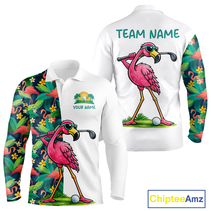 Funny Flamingo Mens Golf Polo Shirts Colorful Tropical Flamingo Custom Name, Golf Gifts NBT487