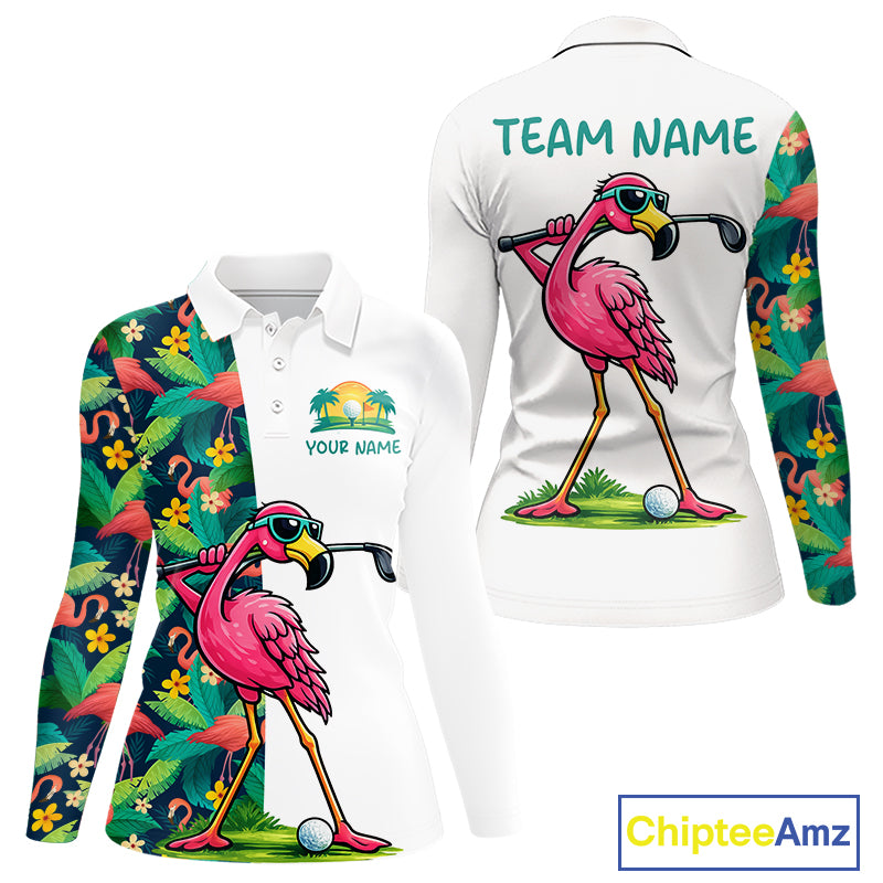 Funny Flamingo Womens Golf Polo Shirts Colorful Tropical Flamingo Custom Name, Golf Gifts NBT487